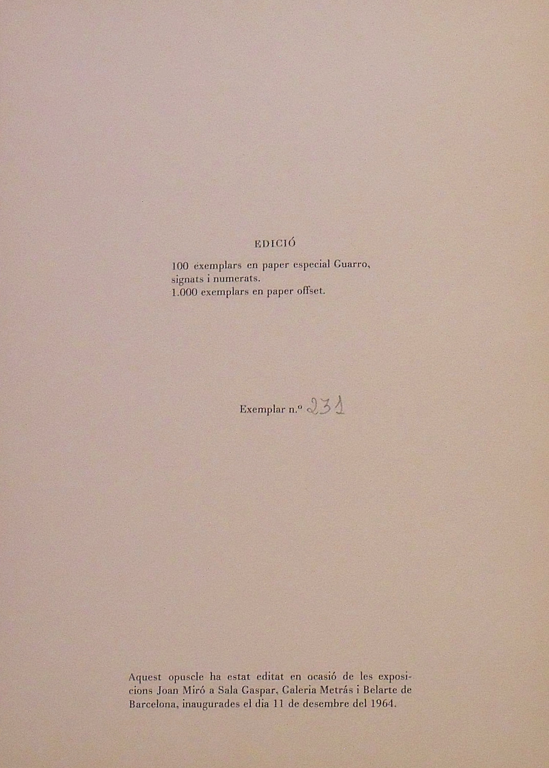 Joan Miró Obra inèdita recent Sala Gaspar 1964 Barcelona Nº 231