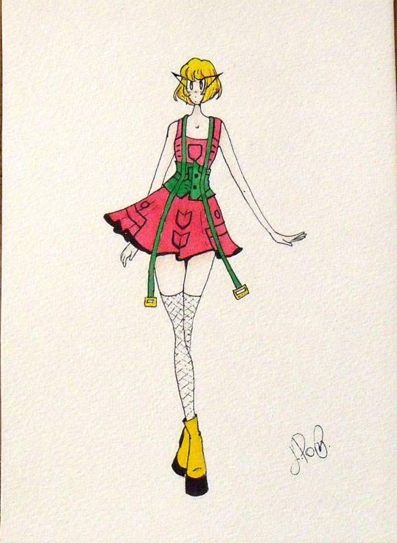 Júlia Pons Pallàs. Dibujo Figurín de moda. Tipo Anime. Acuarela y tinta. Firmado a mano.