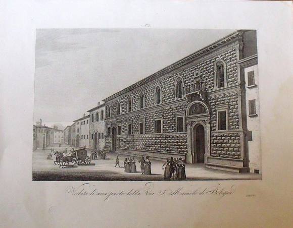 Grabado Veduta di una parte della Via S. Manolo di Bologna. Zuccagni Orlandini edit.& S. Corsi inc. 1844.