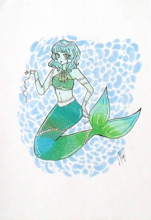 JÚLIA PONS PALLÀS. DIBUJO TIPO MANGA. LA SIRENA. TINTA Y ACUARELA. FIRMADO A MANO. 30X21 CM.