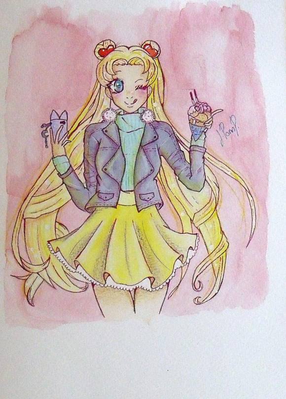 JÚLIA PONS PALLÀS. DIBUJO TIPO ANIME. TINTA Y ACUARELA. FIRMADO A MANO.