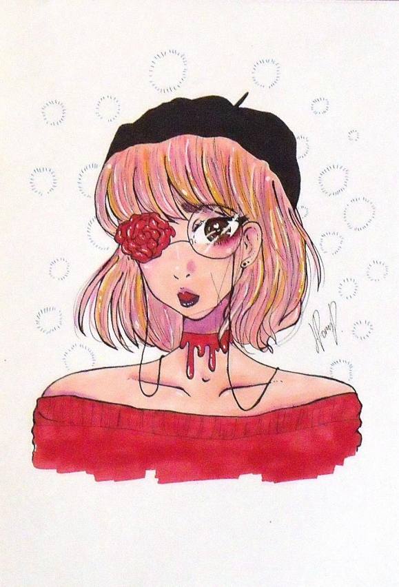 JÚLIA PONS PALLÀS. DIBUJO TIPO ANIME. TINTA Y ACUARELA. 30X21 CM FIRMADO A MANO.