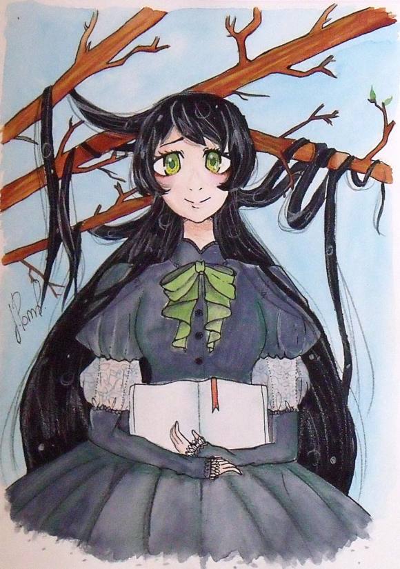 JÚLIA PONS PALLÀS. DIBUJO TIPO ANIME. TINTA Y ACUARELA. FIRMADO A MANO. 30X21 CM.