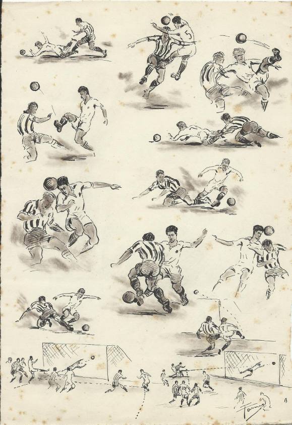 Federico Tormo Monzó. Dibujo a tinta. 17x24 cm. Valencia C. F. 2- Español 0. Años 40. Firmado mano. Fútbol. 