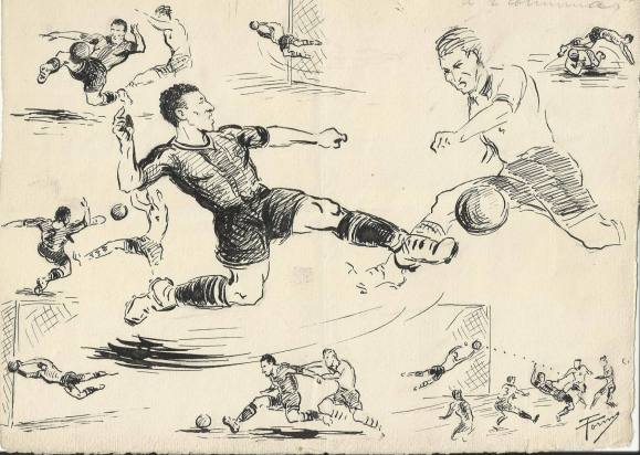 Federico Tormo Monzó. Dibujo a tinta. Levante 1- Cartagena 0. 1949. Fútbol. Firmado a mano. 17x23 cm.