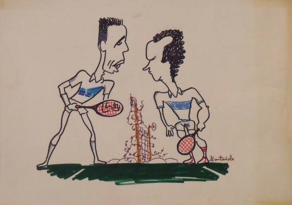 Joaquim Muntañola. Dibujo a rotulador ”Ivan Lendl versus John Mcenroe”. Firmado a mano. Tenis. 32x50 cm.