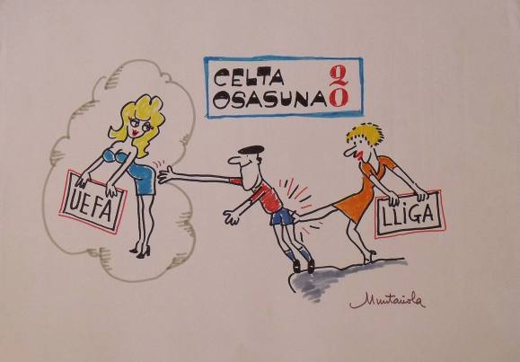 Joaquim Muntañola. Dibujo a rotulador ”Celta 2 Osasuna 0”. Firmado a mano. Fútbol. 35x50 cm. 
