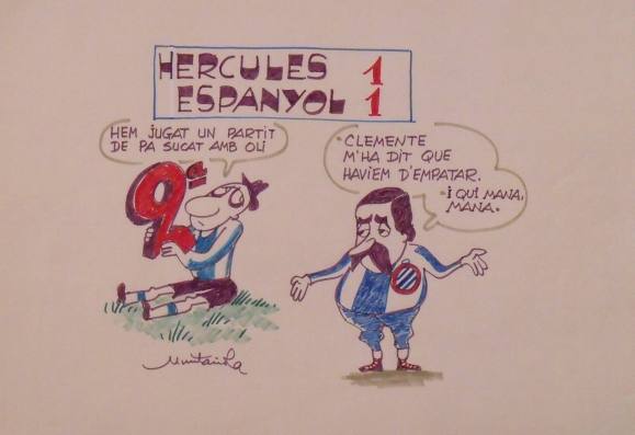 Joaquim Muntañola. Dibujo a rotulador ”Hércules 1 Espanyol 1”. Firmado mano. Fútbol. 35x50 cm. 