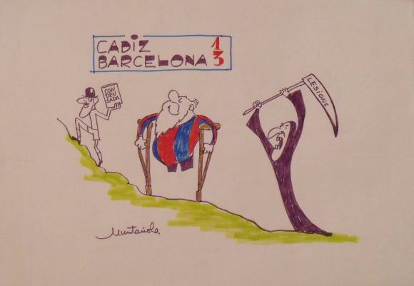 Joaquim Muntañola. Dibujo a rotulador ”Cádiz 1 Barcelona 3”. Firmado mano. Fútbol. 35x50 cm. 