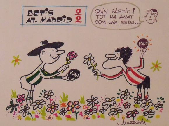 Joaquim Muntañola. Dibujo a rotulador ”Betis 2 At. Madrid 2”. Firmado a mano. Fútbol. 35x50 cm. 