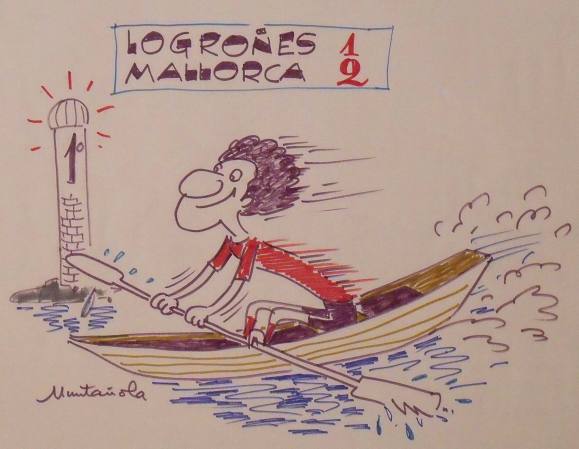 Joaquim Muntañola. Dibujo a rotulador ”Logroñés 1 Mallorca 2”. Firmado mano. Fútbol. 35x50 cm. 
