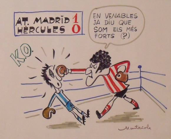 Joaquim Muntañola. Dibujo a rotulador ”At. Madrid 1 Hércules 0”. Firmado a mano. Fútbol. 35x50 cm. 