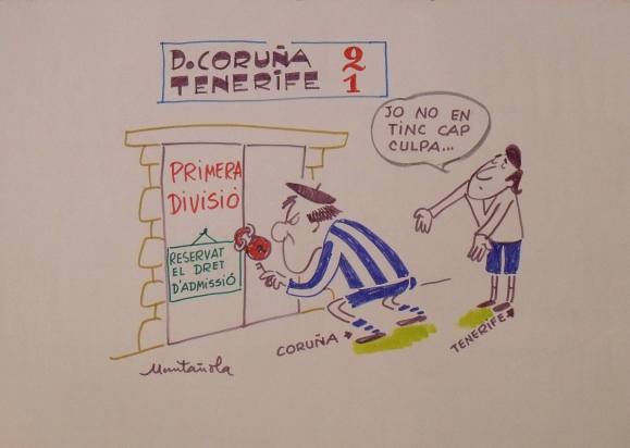 Joaquim Muntañola. Dibujo a rotulador ”D. Coruña 2 Tenerife 1”. Firmado a mano. Fútbol. 35x50 cm. 