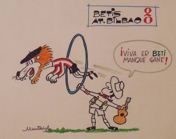 Joaquim Muntañola. Dibujo a rotulador ”Betis 2 At. Bilbao 0”. Firmado mano. Fútbol. 35x50 cm. 