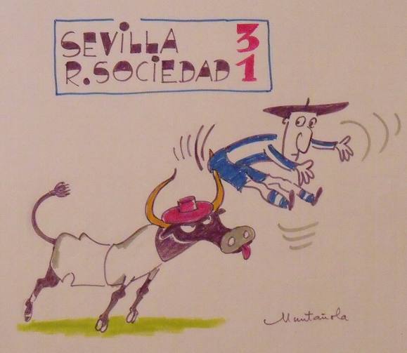 Joaquim Muntañola. Dibujo a rotulador ”Sevilla 3 R. Sociedad 1”. Firmado mano. Fútbol. 35x50 cm. 