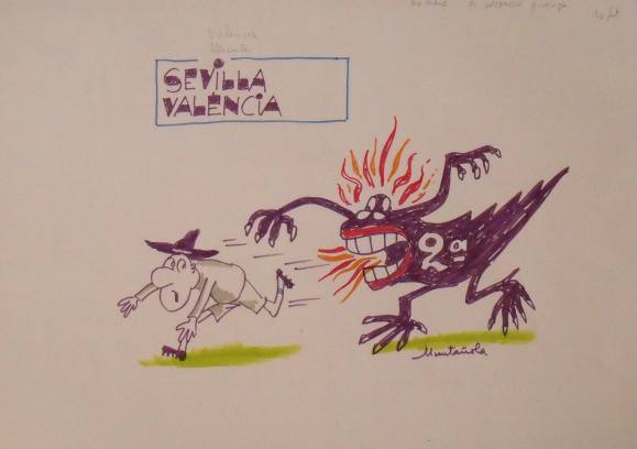 Joaquim Muntañola. Dibujo a rotulador ”Sevilla Valencia”. Firmado mano. Fútbol. 35x50 cm. 