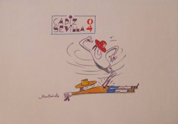 Joaquim Muntañola. Dibujo a rotulador ”Cádiz 0 Sevilla 4”. Firmado mano. Fútbol. 35x50 cm.