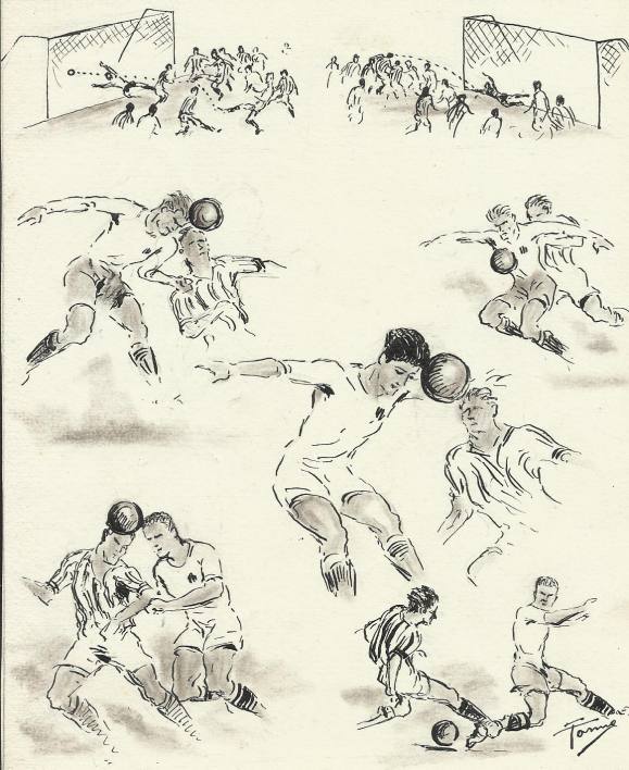 Federico Tormo Monzó. Dibujo a tinta. Valencia C. F. Real Sociedad. Años 50. Fútbol. 18x15 cm. Firmado a mano. 