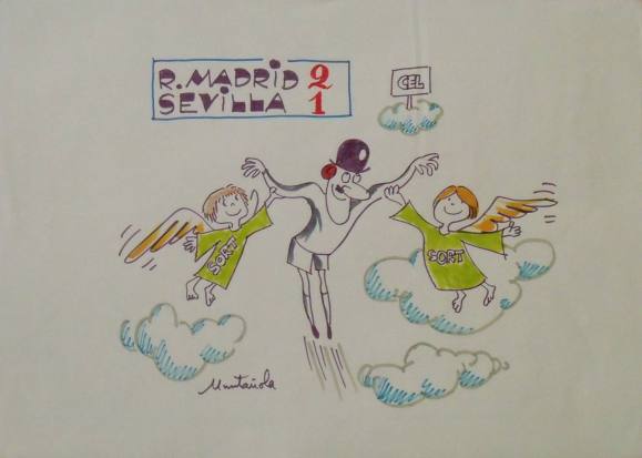 Joaquim Muntañola. Dibujo a rotulador ”R. Madrid 2 Sevilla 1”. Firmado mano. Fútbol. 35x50 cm. 