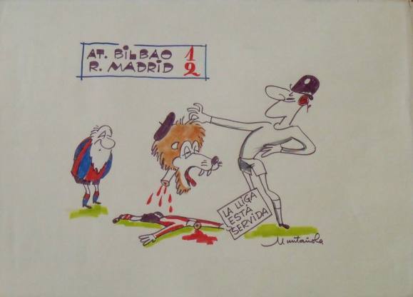 Joaquim Muntañola. Dibujo a rotulador ”At. Bilbao 1 R. Madrid 2”. Firmado mano. Fútbol. 35x50 cm. 