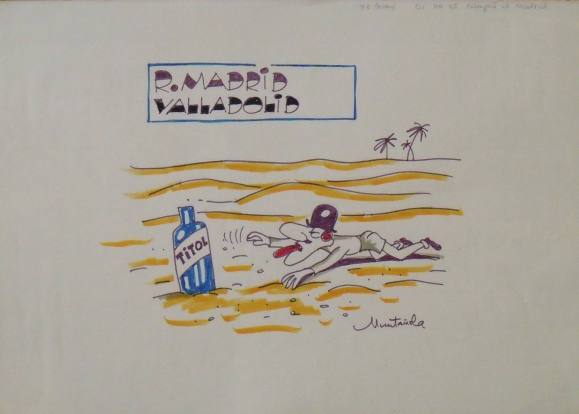 Joaquim Muntañola. Dibujo a rotulador ”R. Madrid Valladolid”. Firmado mano. Fútbol. 35x50 cm. 