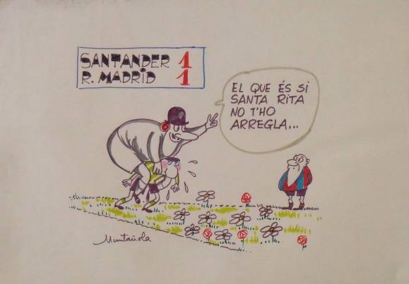 Joaquim Muntañola. Dibujo a rotulador ”Santander 1 Real Madrid 1”. Firmado mano. Fútbol. 35x50 cm. 