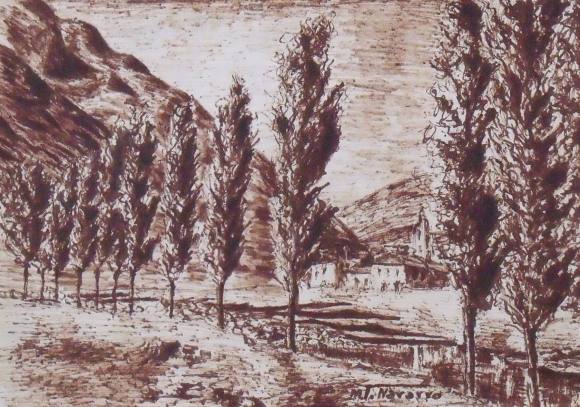 María Teresa Navarro. Dibujo tinta sobre papel. Paisaje montañoso. Firmado a mano. 1960. 21,5x30 cm.