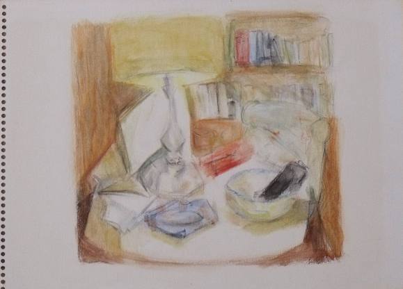 Mercedes Muñoz. Dibujo lápiz y color sobre papel ”Comedor y mesa”. Sin firmar. 34x25 cm.