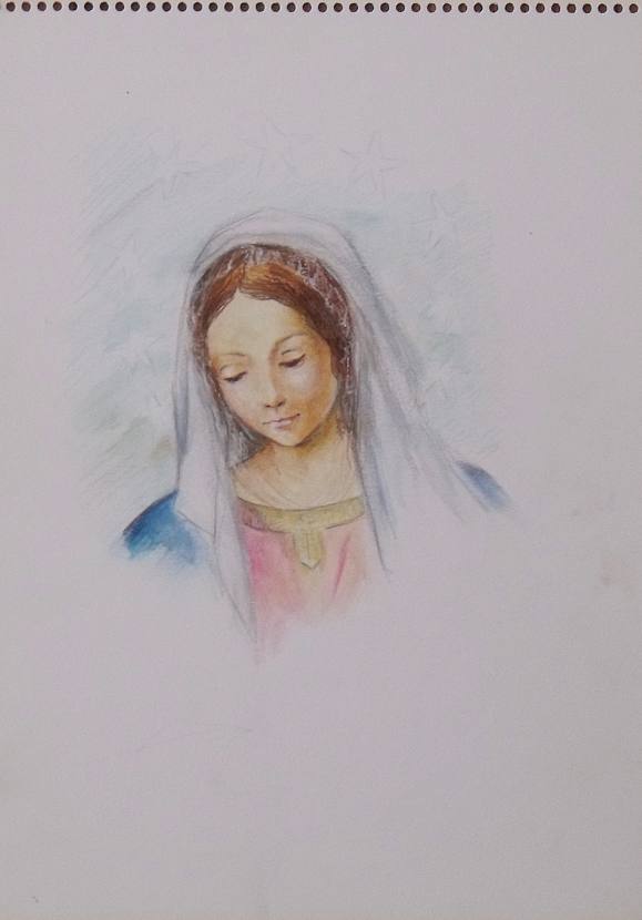 Mercedes Muñoz. Dibujo lápiz y color sobre papel ”La virgen”. Sin firmar. 34x25 cm.