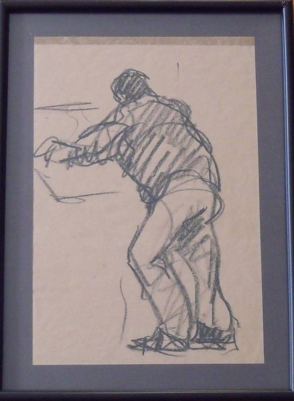 Pere o Pedro Coscollá. Dibujo a carbón sobre papel. ”Hombre derecho”. Sin firmar. 1979. 37x27 cm. 30x20 cm mide el dibujo.