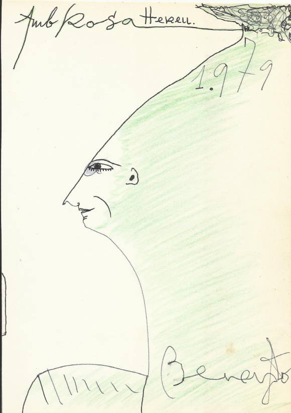Antonio Beneyto. Dibujo a tinta y color sobre papel. ”Cara”. Firmado a mano. 19x13,5 cm. 1979.