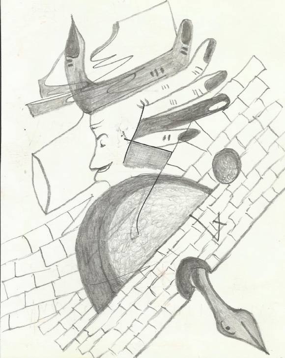 Antonio Beneyto. Dibujo lápiz y tinta sobre papel. Delante y detrás. Sin firmar. Letras del artista. 14x11 cm. 