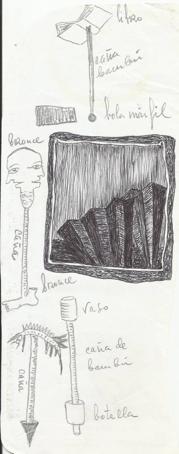 Antonio Beneyto. Dibujo a tinta y làpiz sobre papel. Surrealismo. Sin firmar. 21,5x9 cm. En sobre reaprovechado.