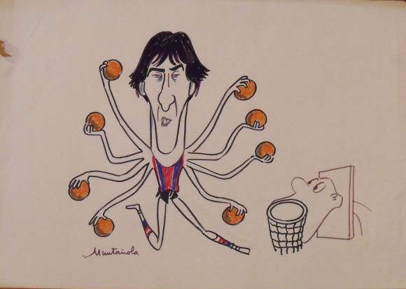 Joaquim Muntañola. Dibujo a rotulador ”F. C. Barcelona. Epi”. Firmado a mano. Baloncesto. 35x50 cm. 
