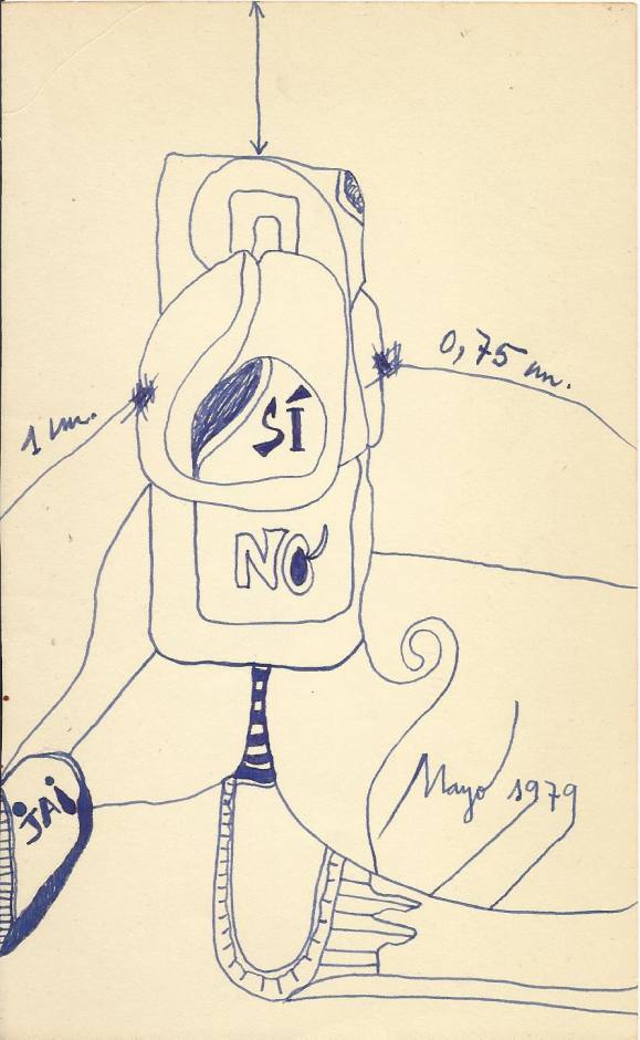 Antonio Beneyto. Dibujo a tinta sobre papel. Surrealismo. Sin firmar. 1979. 18,5x11 cm. Con letra del artista.