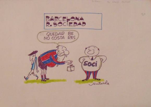 Joaquim Muntañola. Dibujo a rotulador ”Barcelona Real Sociedad” Firmado mano. Fútbol. 35x50 cm. 