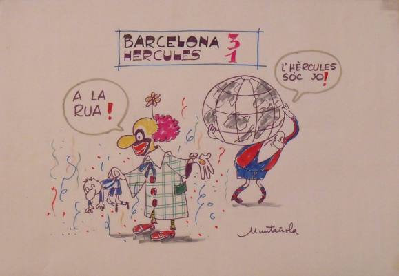 Joaquim Muntañola. Dibujo a rotulador ”Barcelona 3 Hércules 1” Firmado mano. Fútbol. 35x50 cm. 