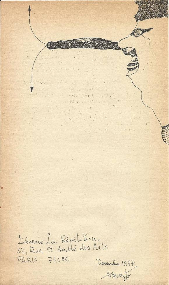 Antonio Beneyto. Dibujo a tinta sobre papel. Surrealismo. 1977. Firmado a mano. 18x10,5 cm. París. 