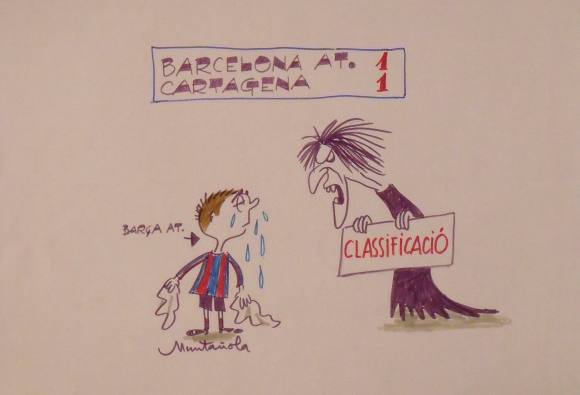 Joaquim Muntañola. Dibujo a rotulador ”Barcelona Atlètic 1 Cartagena 1”. Firmado mano. Fútbol. 35x50 cm. 