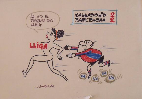 Joaquim Muntañola. Dibujo a rotulador ”Valladolid 2 Barcelona 2” Firmado mano. Fútbol. 35x50 cm. 