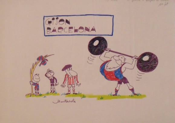 Joaquim Muntañola. Dibujo a rotulador ”Gijon Barcelona” Firmado mano. Fútbol. 35x50 cm. 