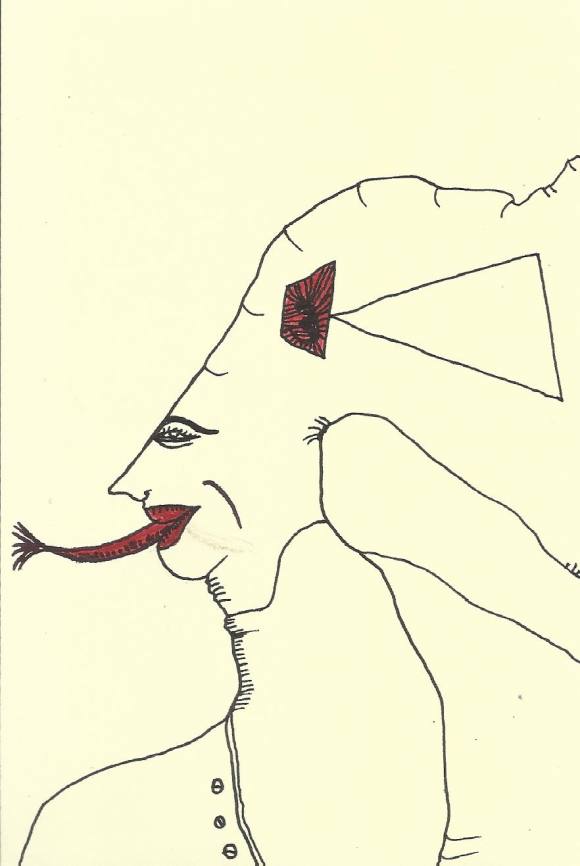 Antonio Beneyto. Dibujo a tinta y color sobre papel. Surrealismo. Sin firmar. 17x11,5 cm.