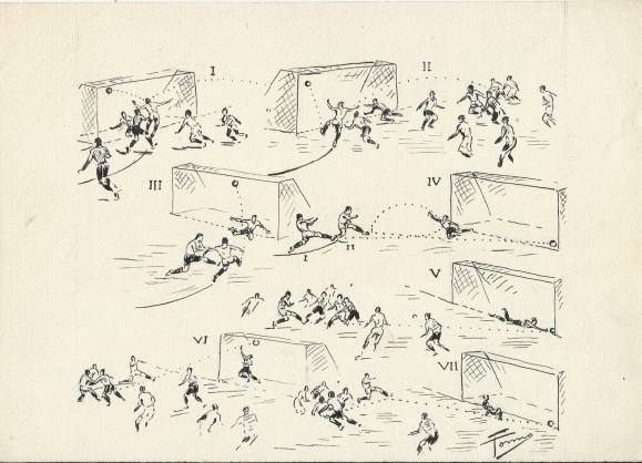 Federico Tormo Monzó. Dibujo a tinta. 17x23 cm. Valencia C. F. 7 goles. Firmado mano. 1946-1947. Buen estado.