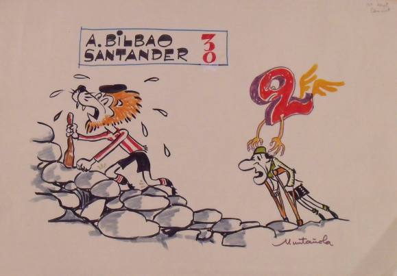 Joaquim Muntañola. Dibujo a rotulador ”At. Bilbao 3 Santander 0”. Firmado mano. Fútbol. 35x50 cm. 