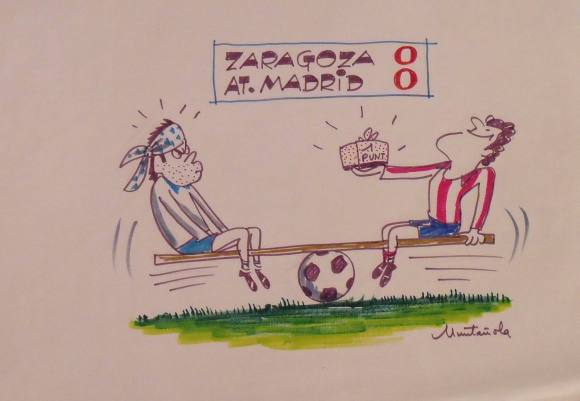 Joaquim Muntañola. Dibujo a rotulador ”Zaragoza 0 At. Madrid 0”. Firmado mano. Fútbol. 35x50 cm. 