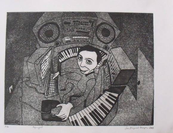 José Miguel Reyes. Grabado ”El músico”. Firmado a mano. 31x40 cm. Prueba de artista. 2003.