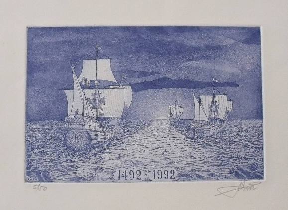 Albert Vidal. Grabado ”Carabelas 1492-1992”. Numerado 5/50. Firmado a mano. 23,5x32 cm. 1992.