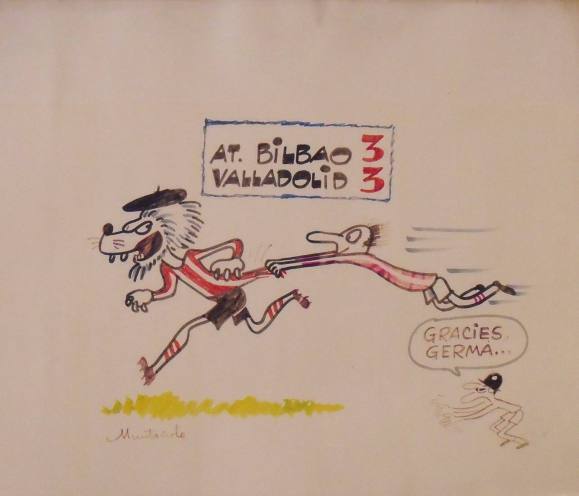 Joaquim Muntañola. Dibujo a rotulador ”At. Bilbao 3 Valladolid 3”. Firmado a mano. Fútbol. 41x50 cm.