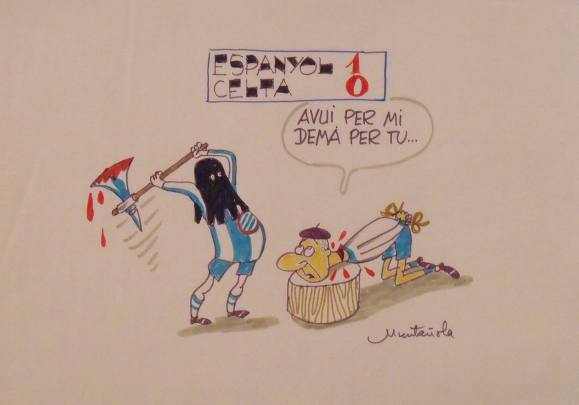 Joaquim Muntañola. Dibujo a rotulador ”Espanyol 1 Celta 0”. Firmado mano. Fútbol. 35x50 cm. Liga 1985-1986.