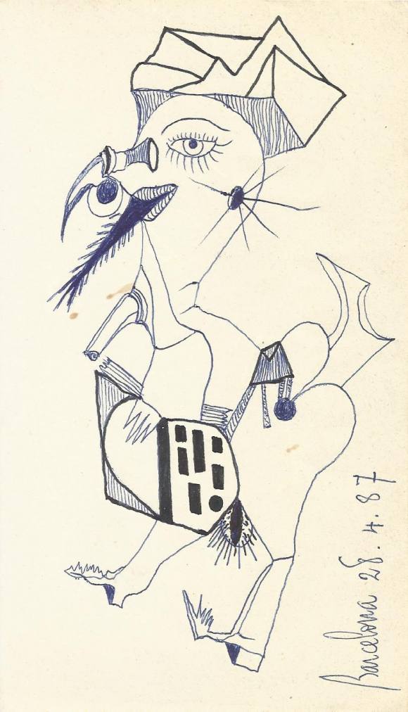 Antonio Beneyto. Dibujo a tinta sobre papel. Surrealismo. Sin firmar. 18x10,5 cm. 1987. Barcelona. 